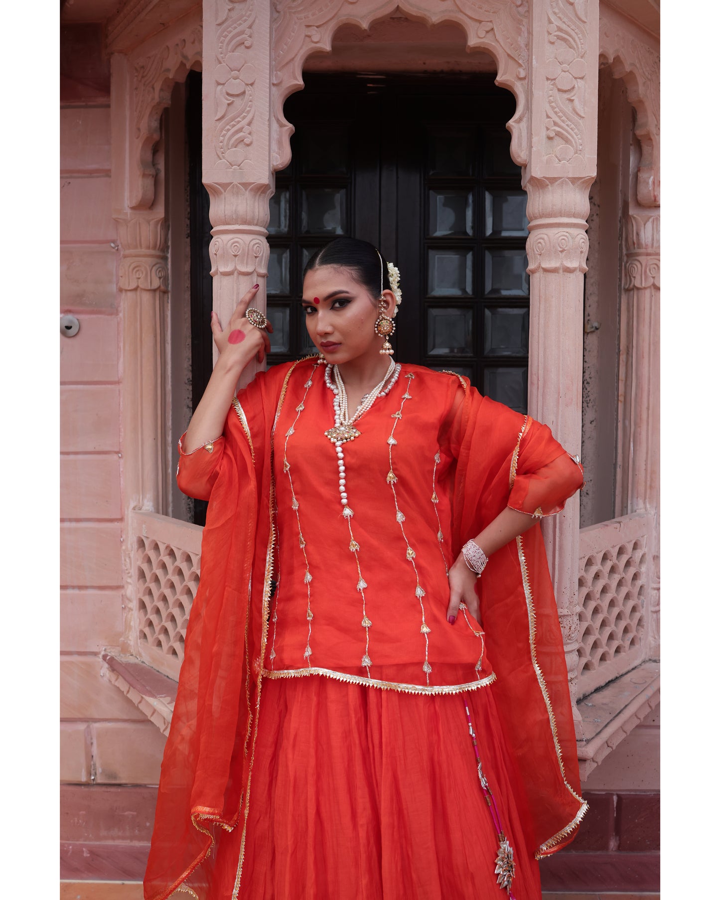 Orange Organza Kurti Paired with Chanderi Lehenga