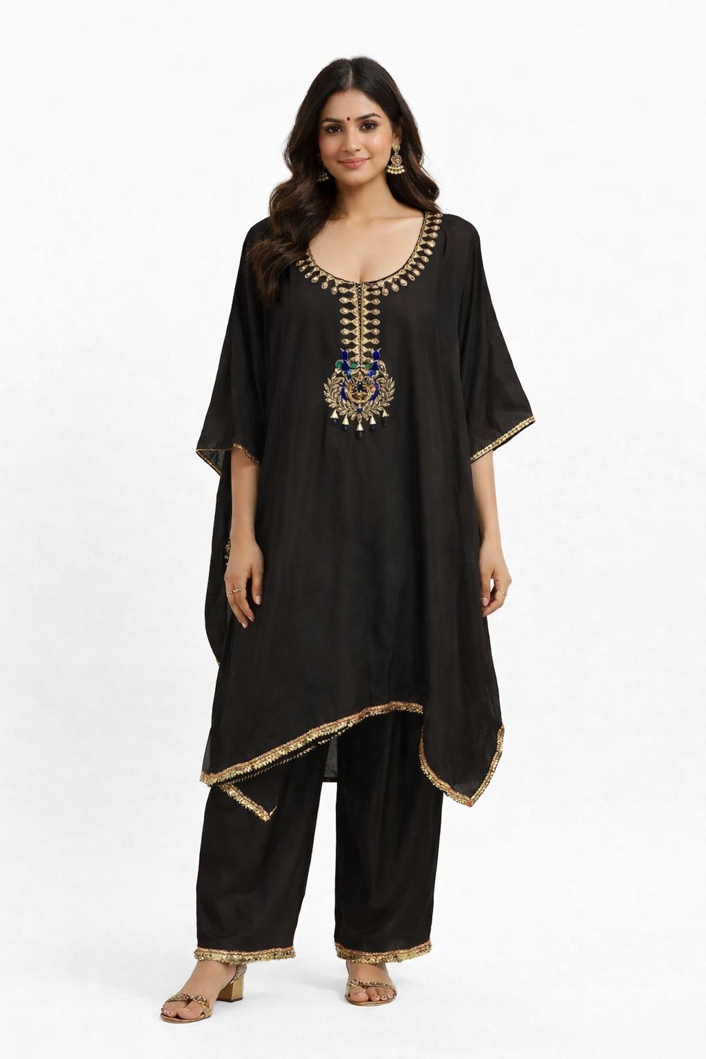 Brown silk kaftan with silk pants Hand embroidered using gota and stones