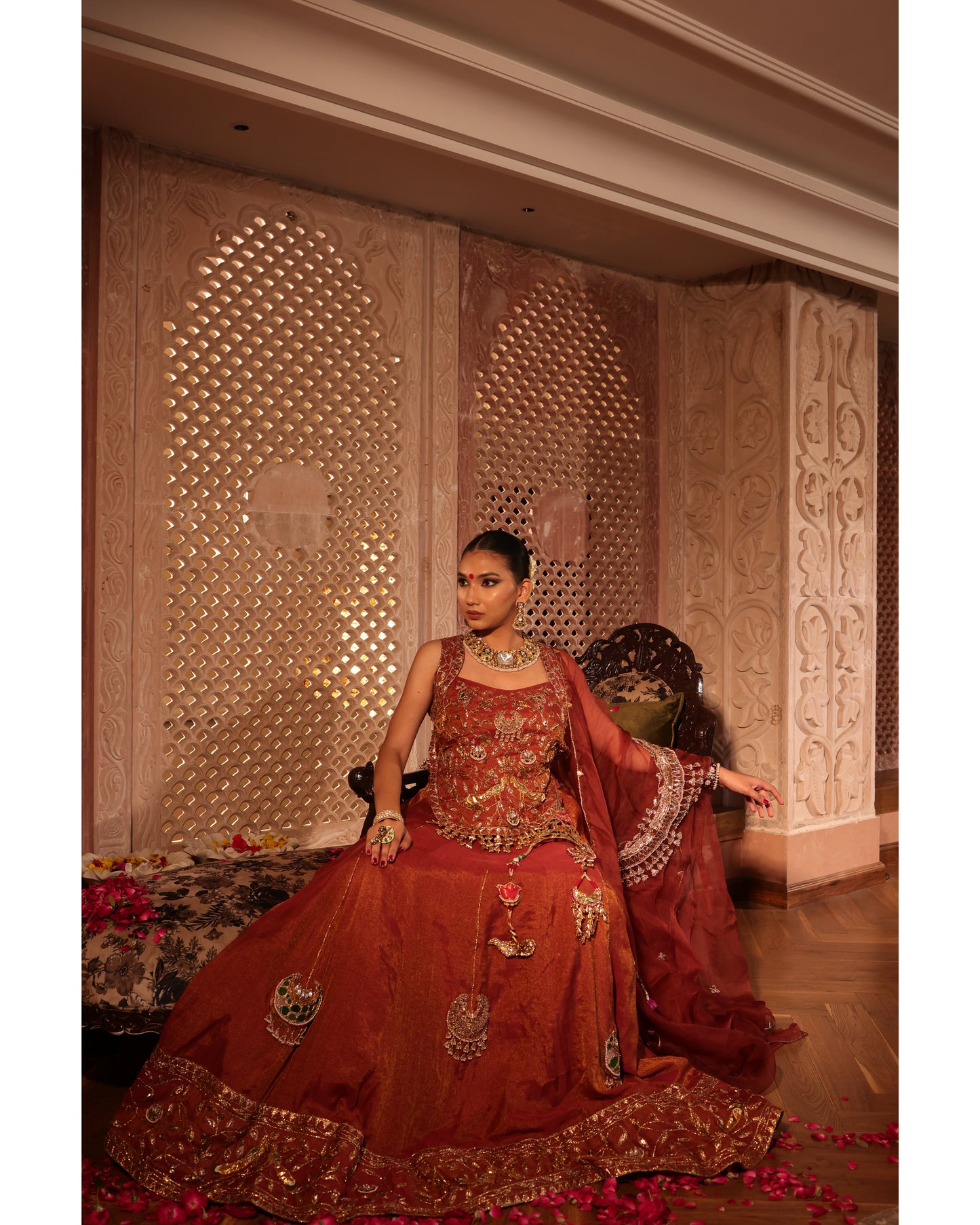 Rust Tissue Chanderi Lehenga