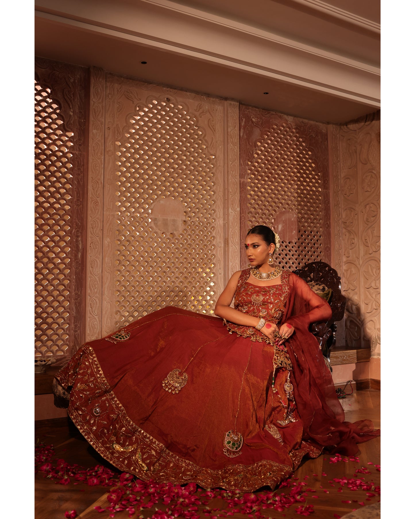 Rust Tissue Chanderi Lehenga
