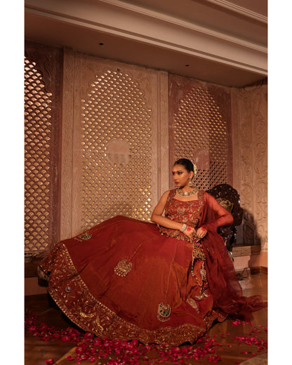 Rust Tissue Chanderi Lehenga