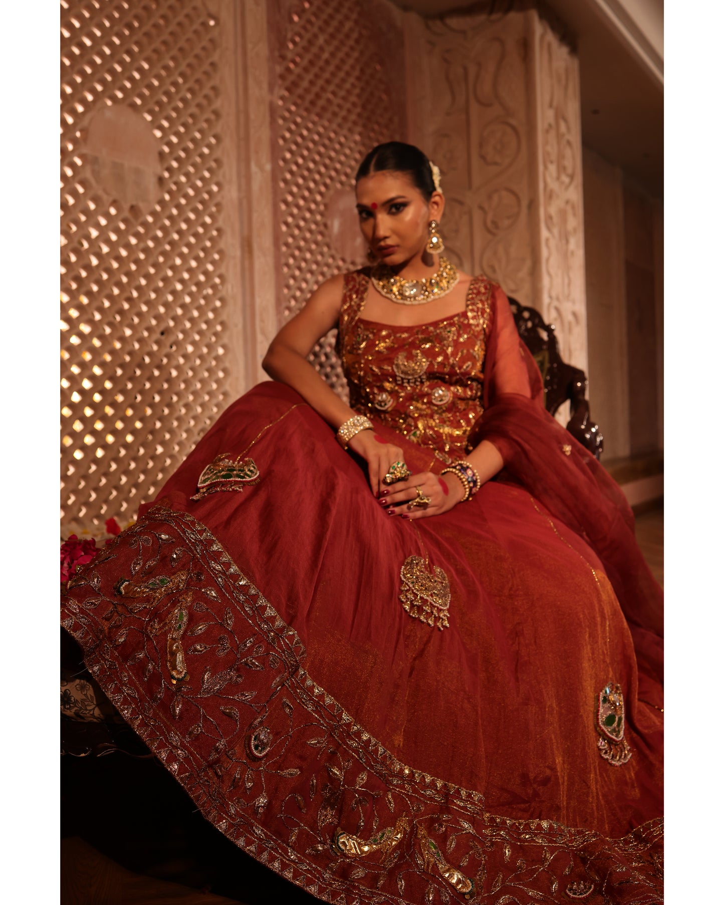 Rust Tissue Chanderi Lehenga