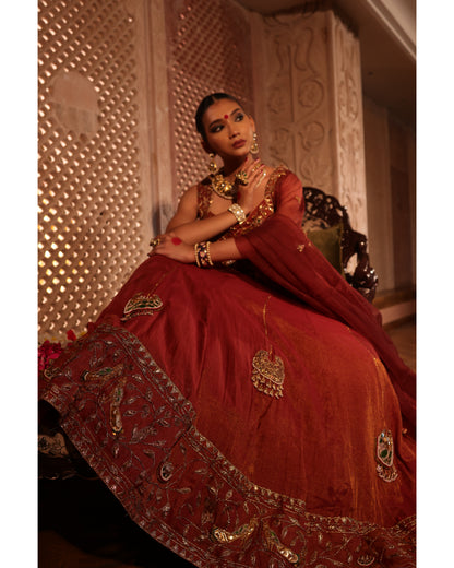 Rust Tissue Chanderi Lehenga