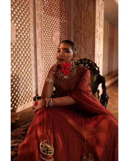 Rust Tissue Chanderi Lehenga