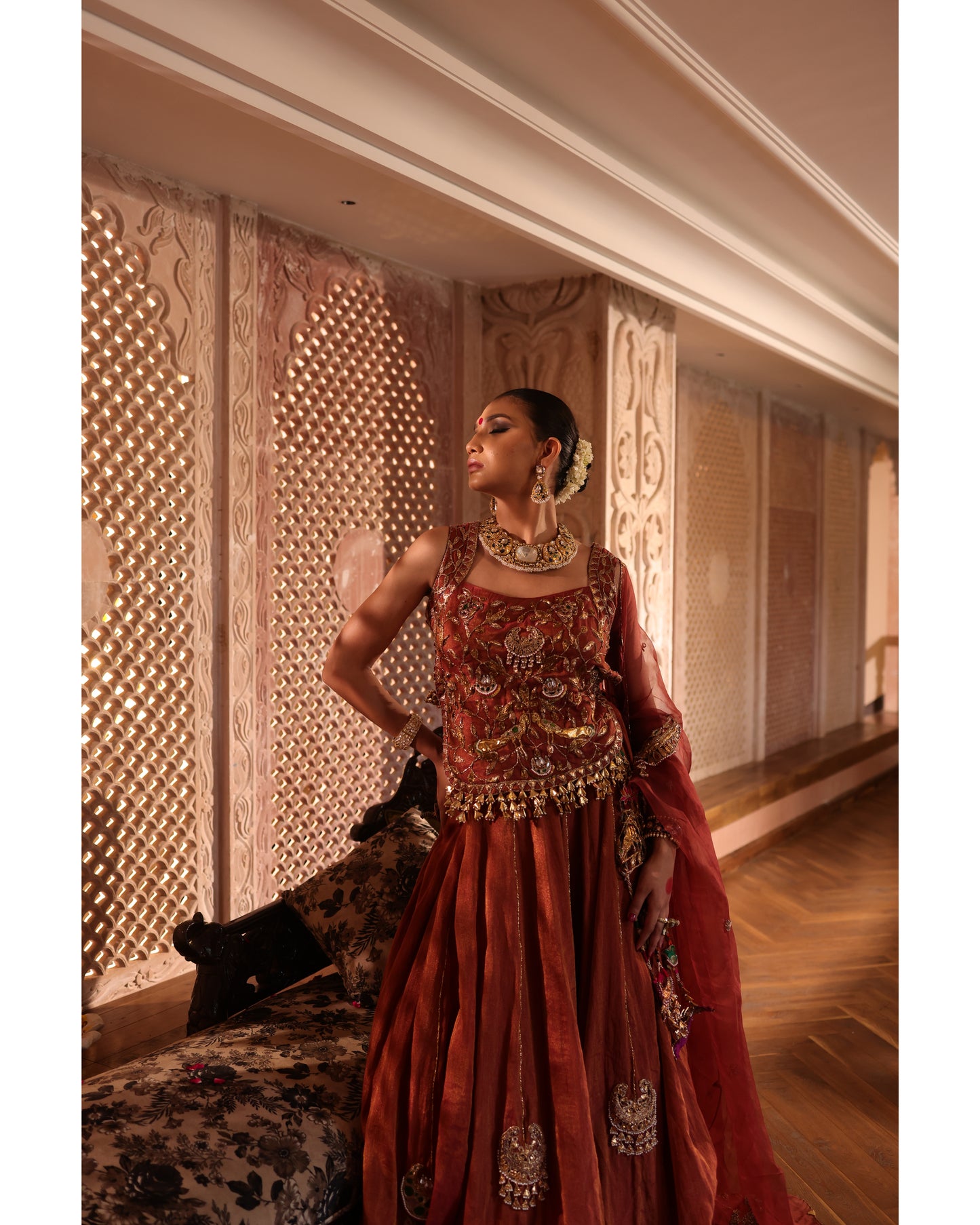 Rust Tissue Chanderi Lehenga