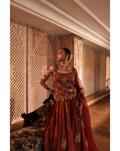 Rust Tissue Chanderi Lehenga