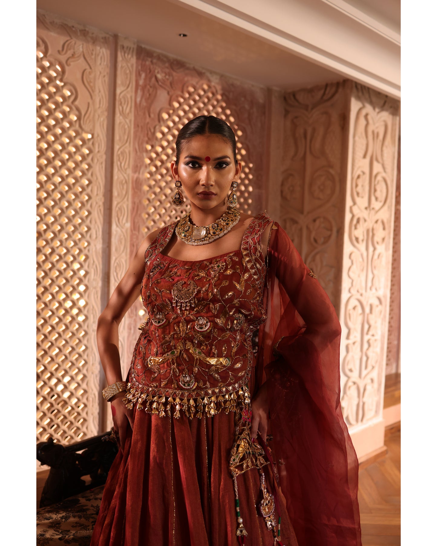 Rust Tissue Chanderi Lehenga