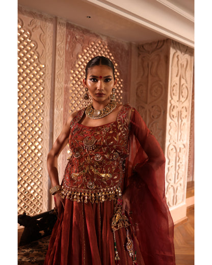Rust Tissue Chanderi Lehenga