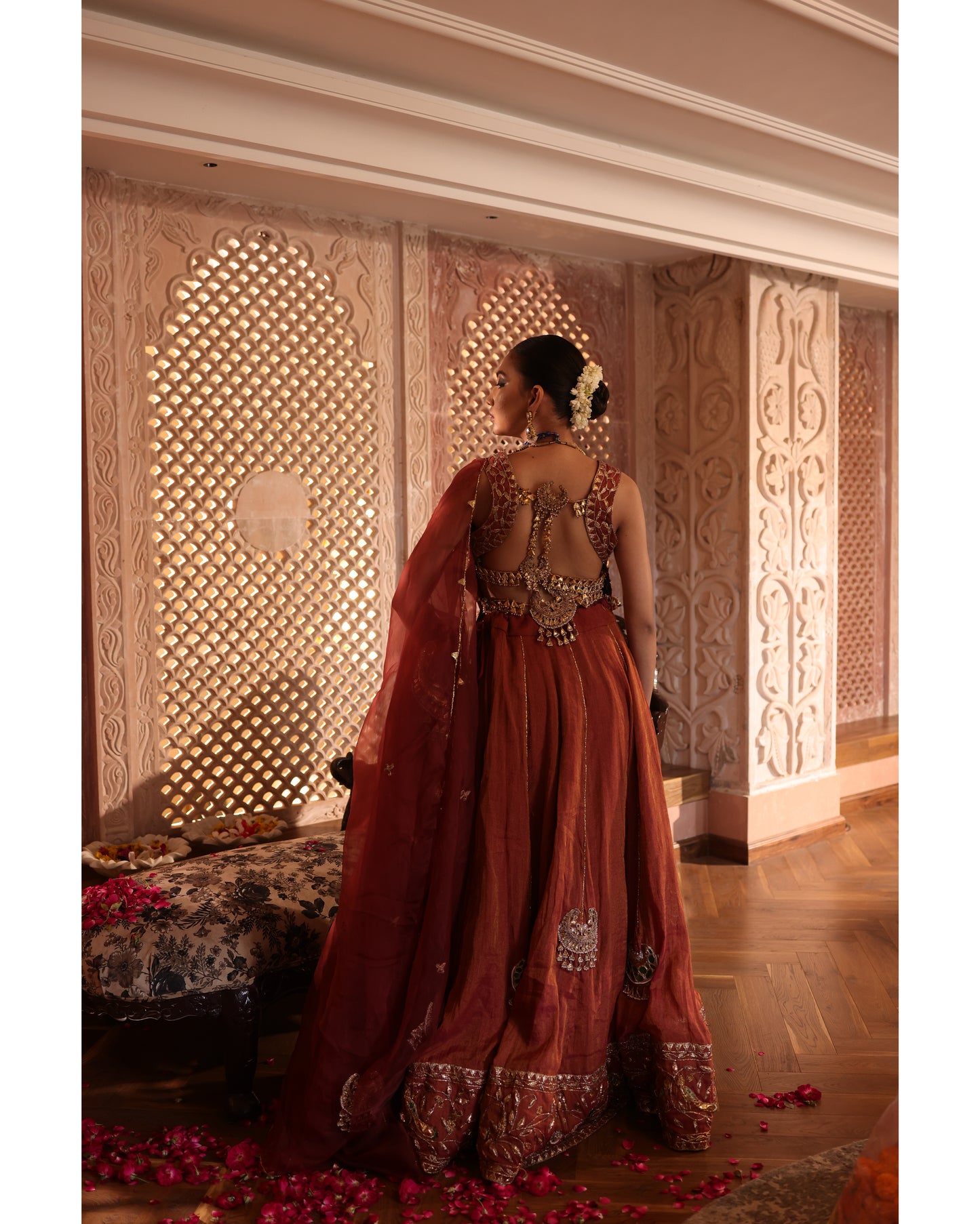 Rust Tissue Chanderi Lehenga