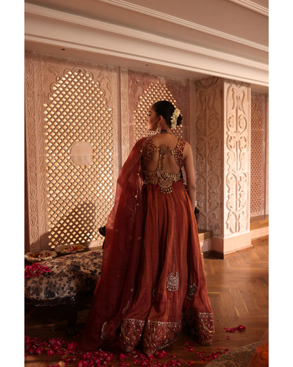 Rust Tissue Chanderi Lehenga