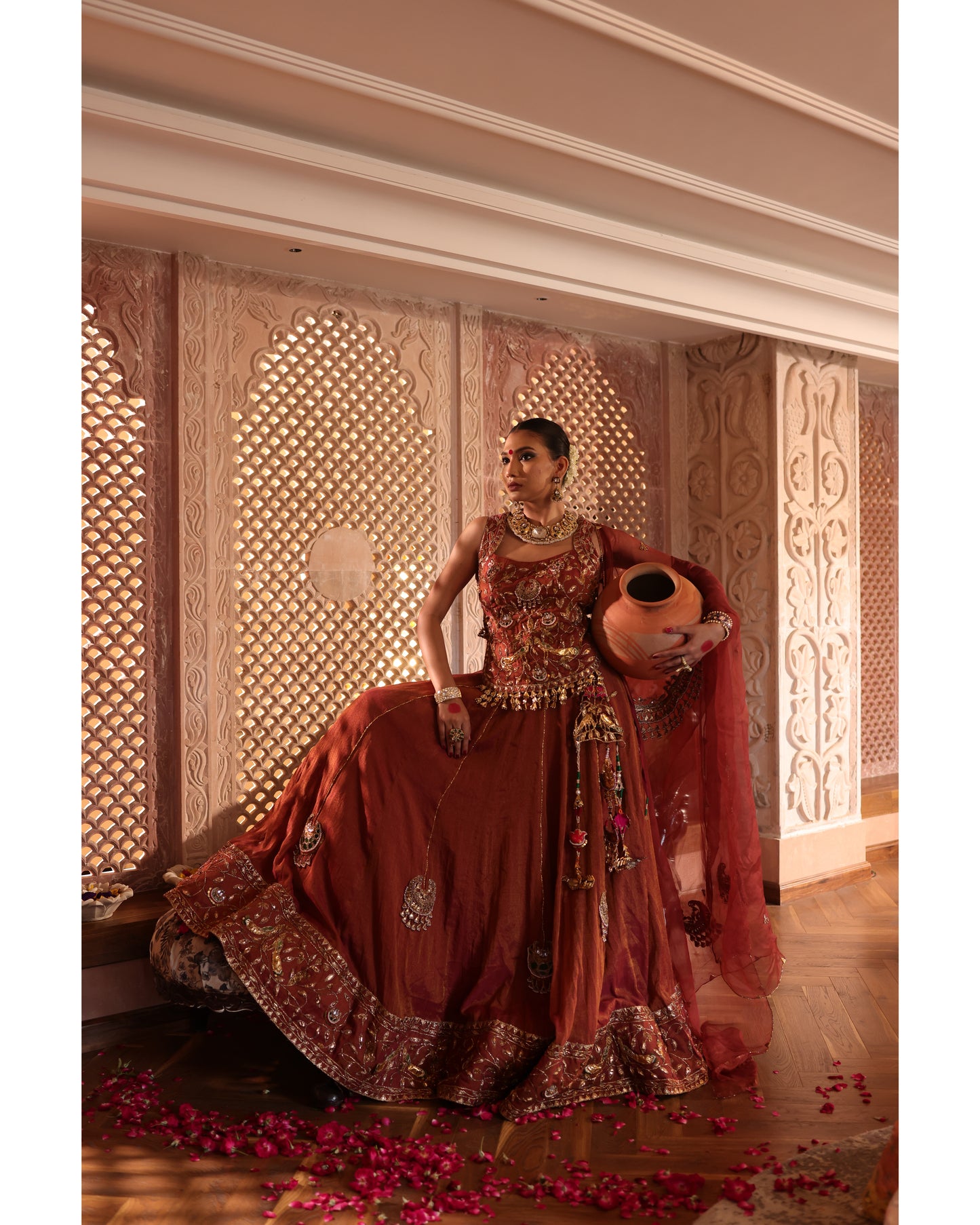 Rust Tissue Chanderi Lehenga