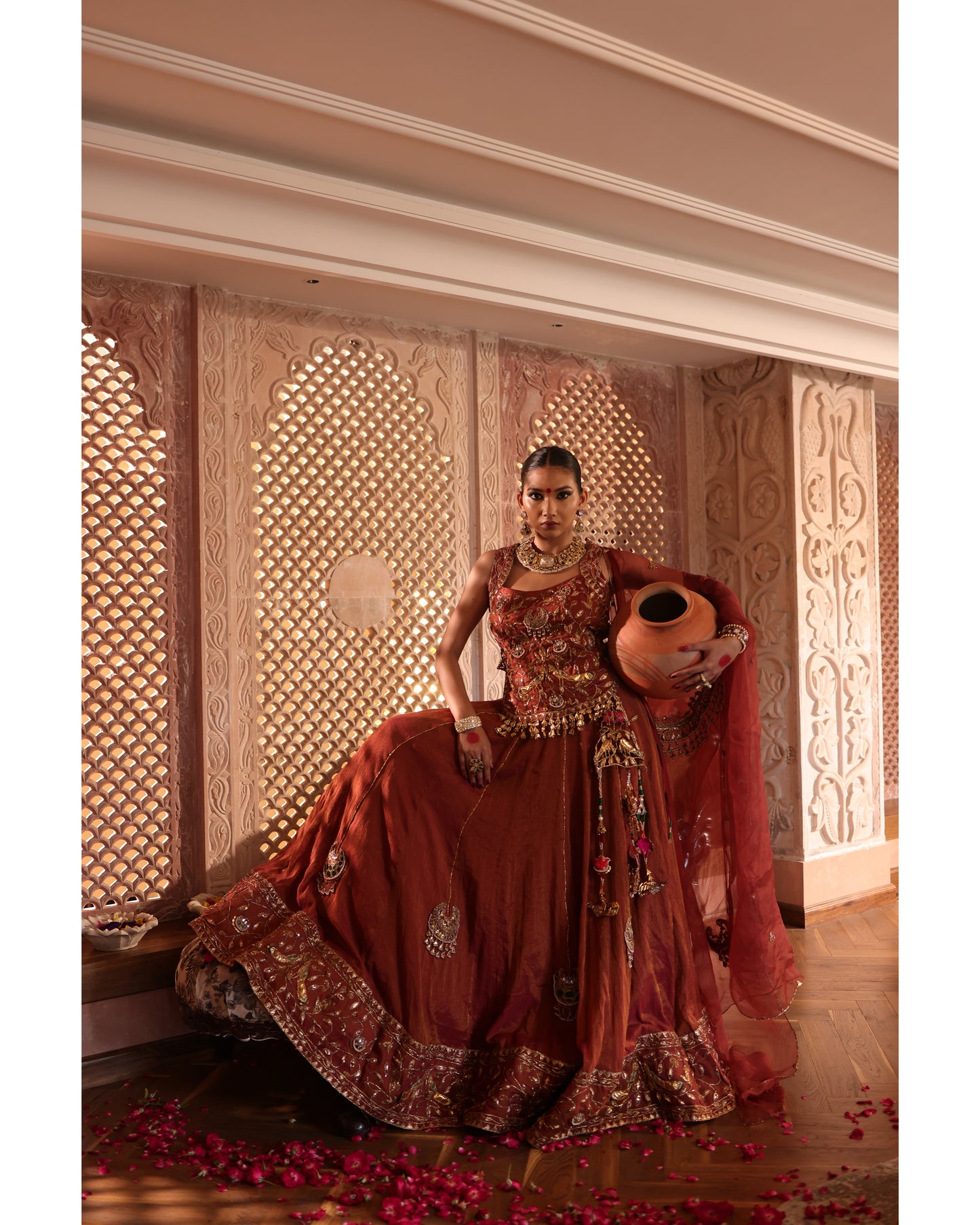 Rust Tissue Chanderi Lehenga
