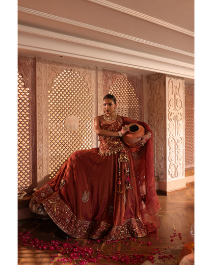 Rust Tissue Chanderi Lehenga