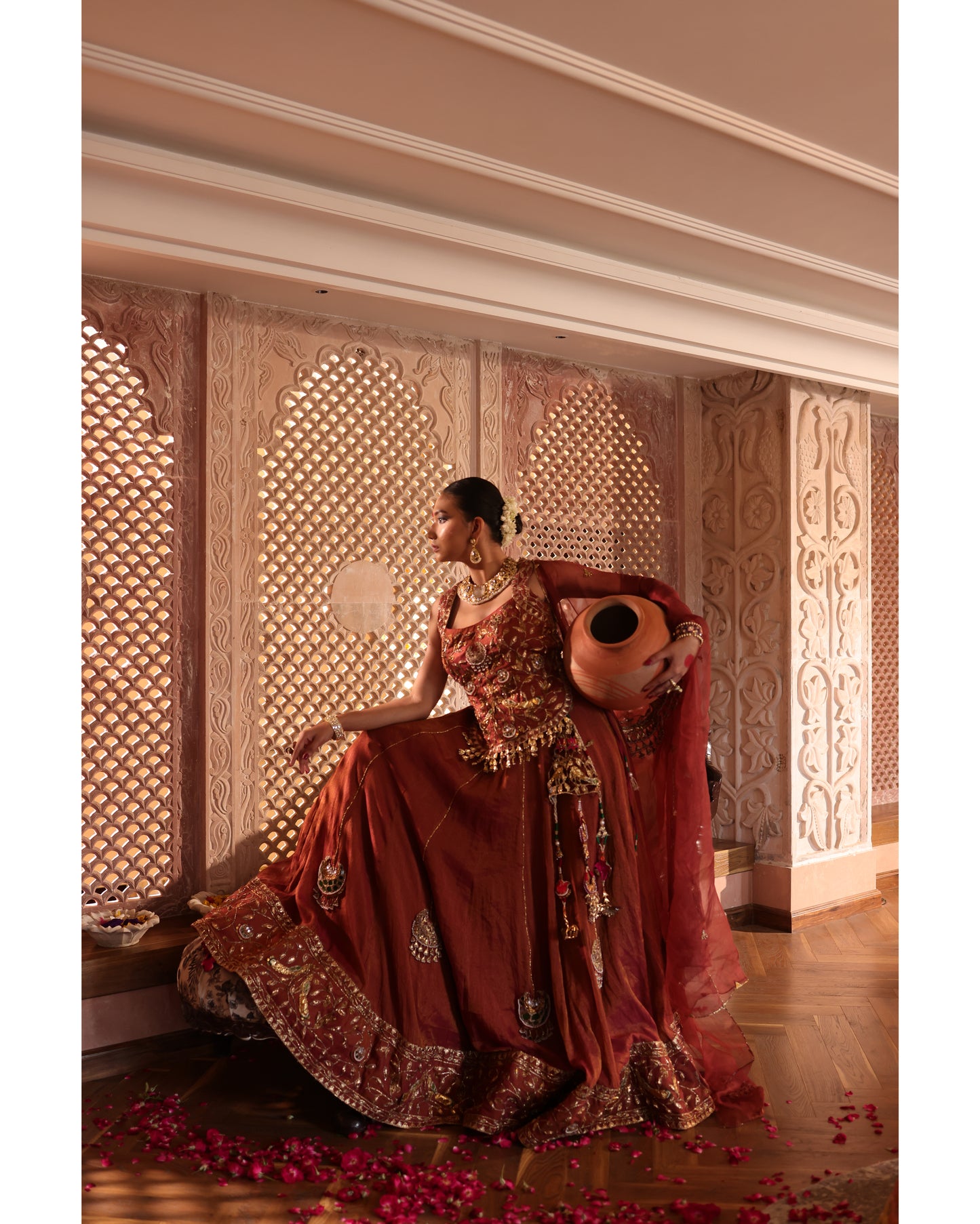 Rust Tissue Chanderi Lehenga
