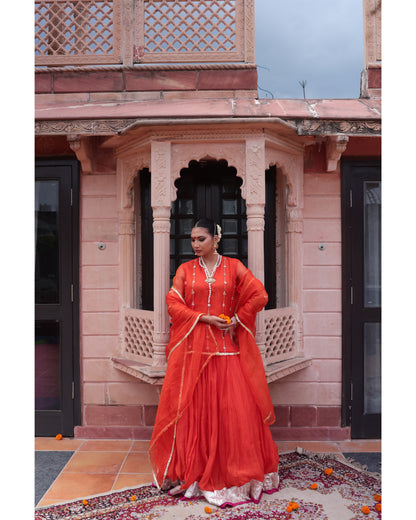 Orange Organza Kurti Paired with Chanderi Lehenga