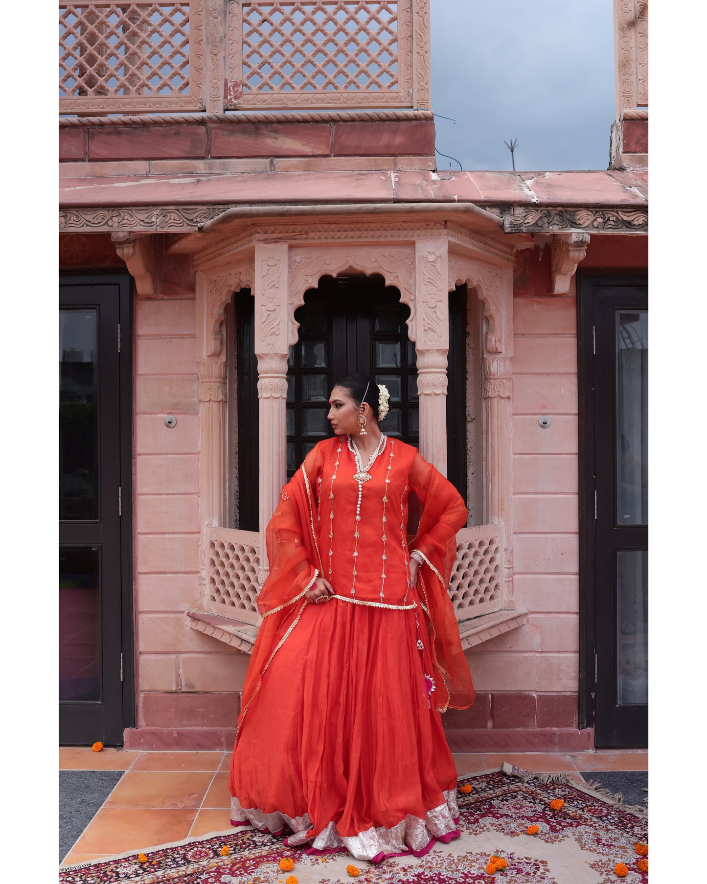 Orange Organza Kurti Paired with Chanderi Lehenga