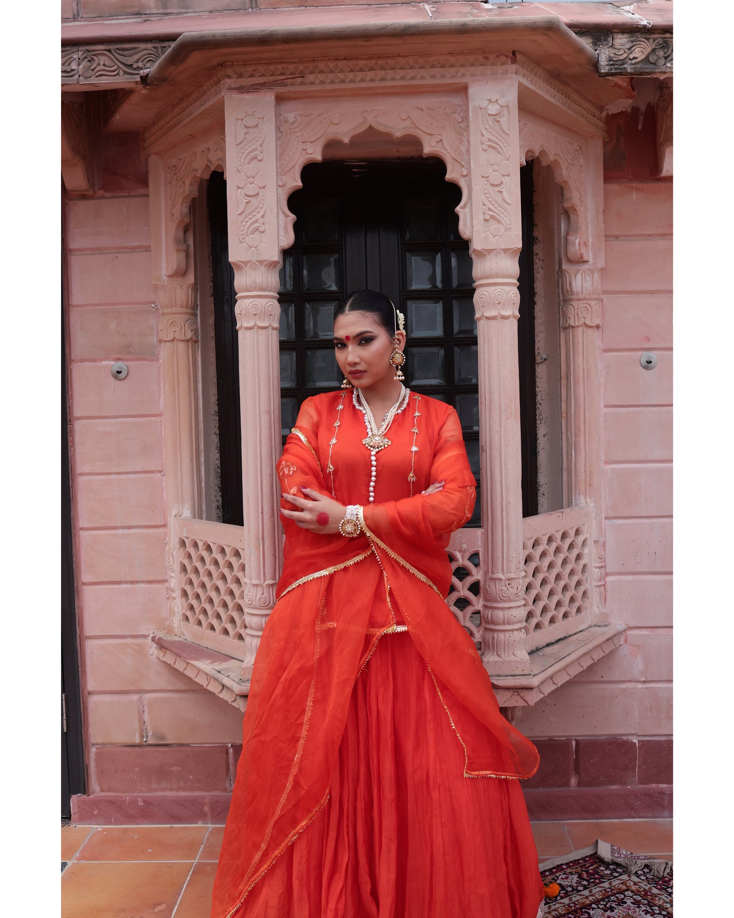 Orange Organza Kurti Paired with Chanderi Lehenga