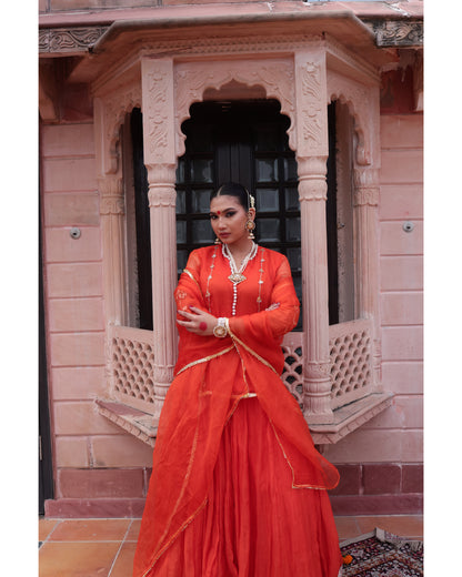 Orange Organza Kurti Paired with Chanderi Lehenga