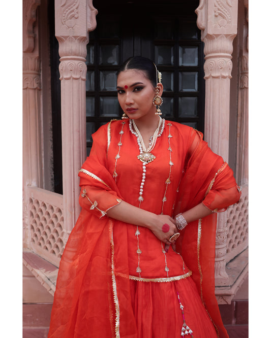 Orange Organza Kurti Paired with Chanderi Lehenga