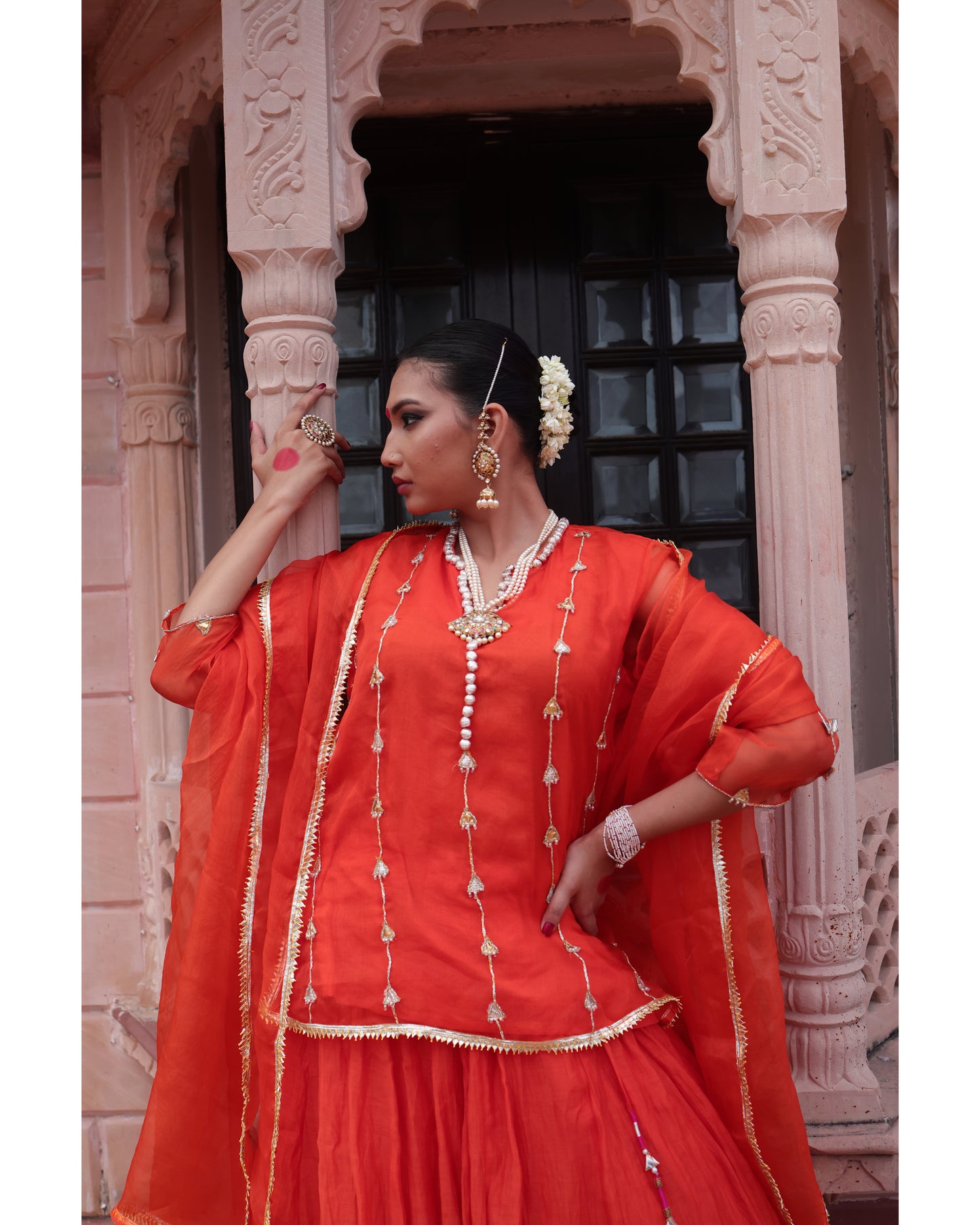 Orange Organza Kurti Paired with Chanderi Lehenga