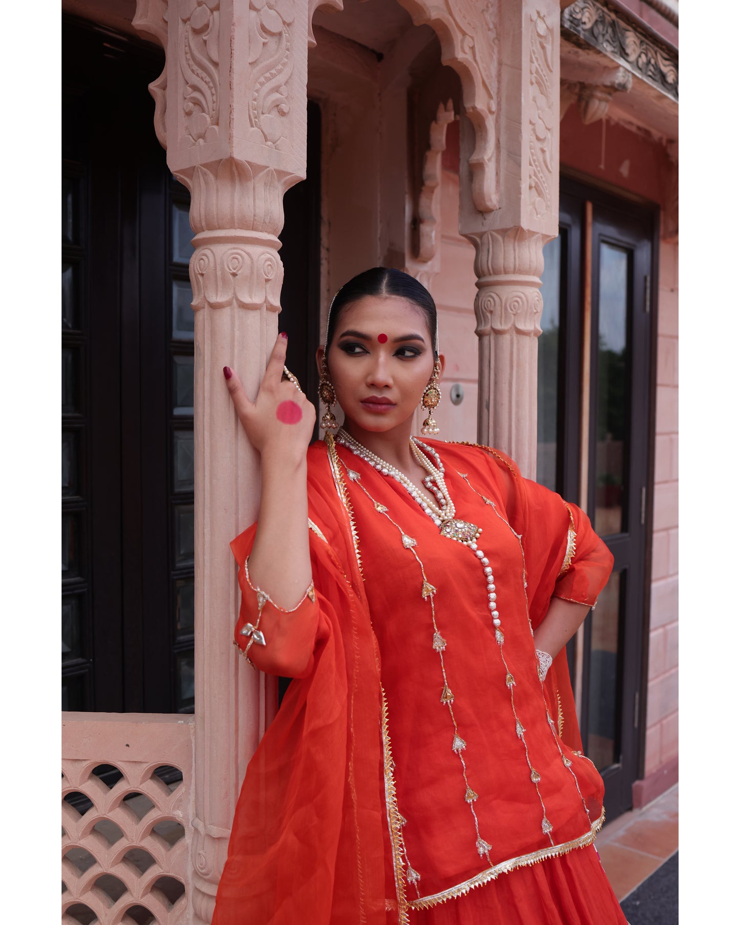 Orange Organza Kurti Paired with Chanderi Lehenga