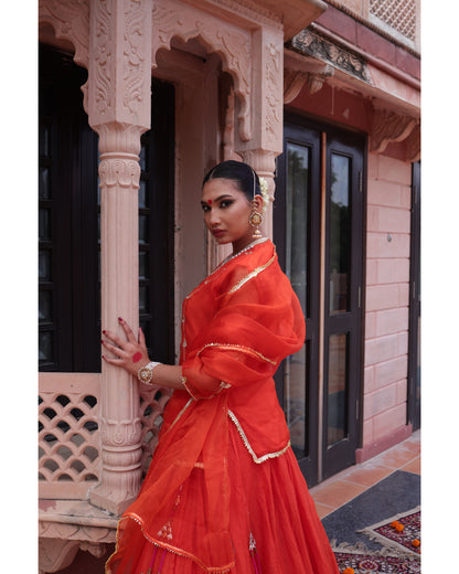 Orange Organza Kurti Paired with Chanderi Lehenga