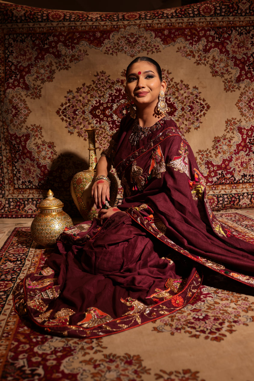 Maroon Silk Chiffon Saree