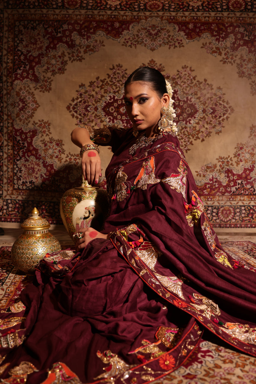 Maroon Silk Chiffon Saree