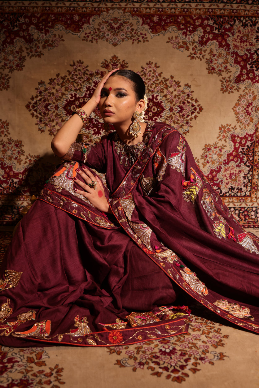 Maroon Silk Chiffon Saree
