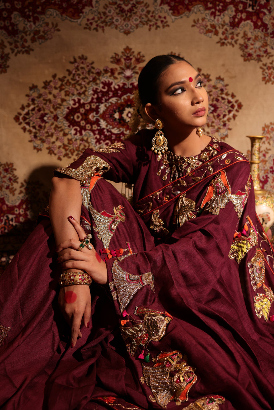 Maroon Silk Chiffon Saree