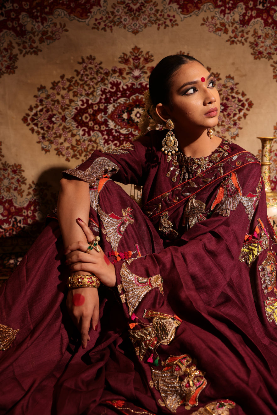 Maroon Silk Chiffon Saree