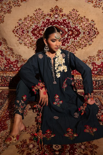 Indigo Blue Matka Silk Kurta