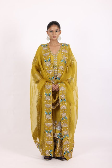 Greenish Yellow Silk Chiffon Suit