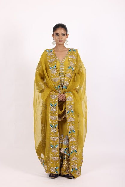 Greenish Yellow Silk Chiffon Suit