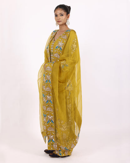 Greenish Yellow Silk Chiffon Suit
