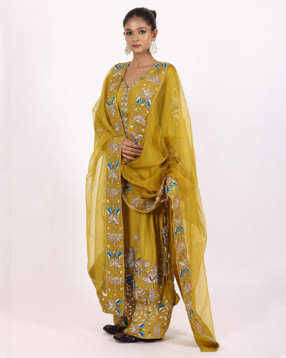 Greenish Yellow Silk Chiffon Suit