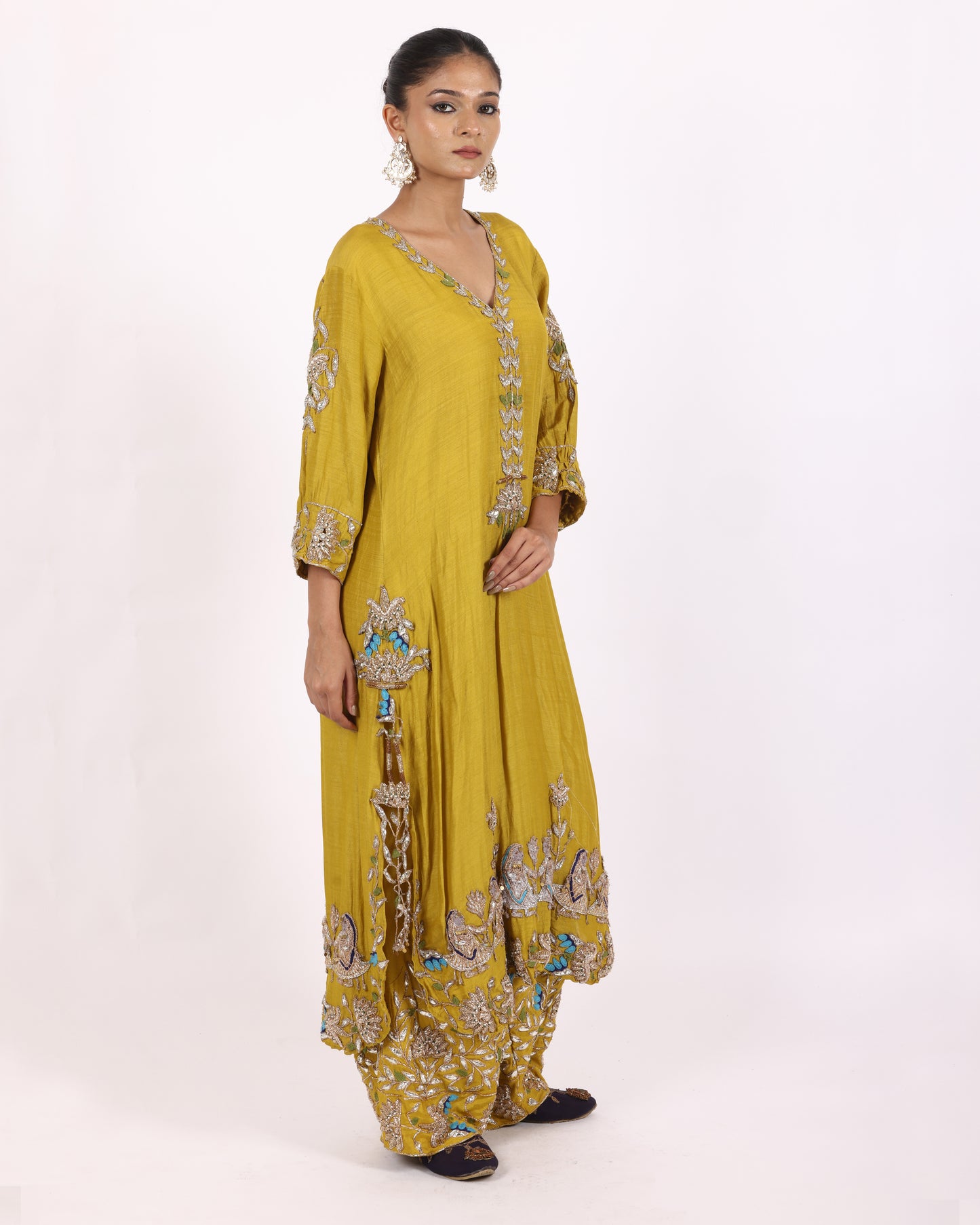 Greenish Yellow Silk Chiffon Suit