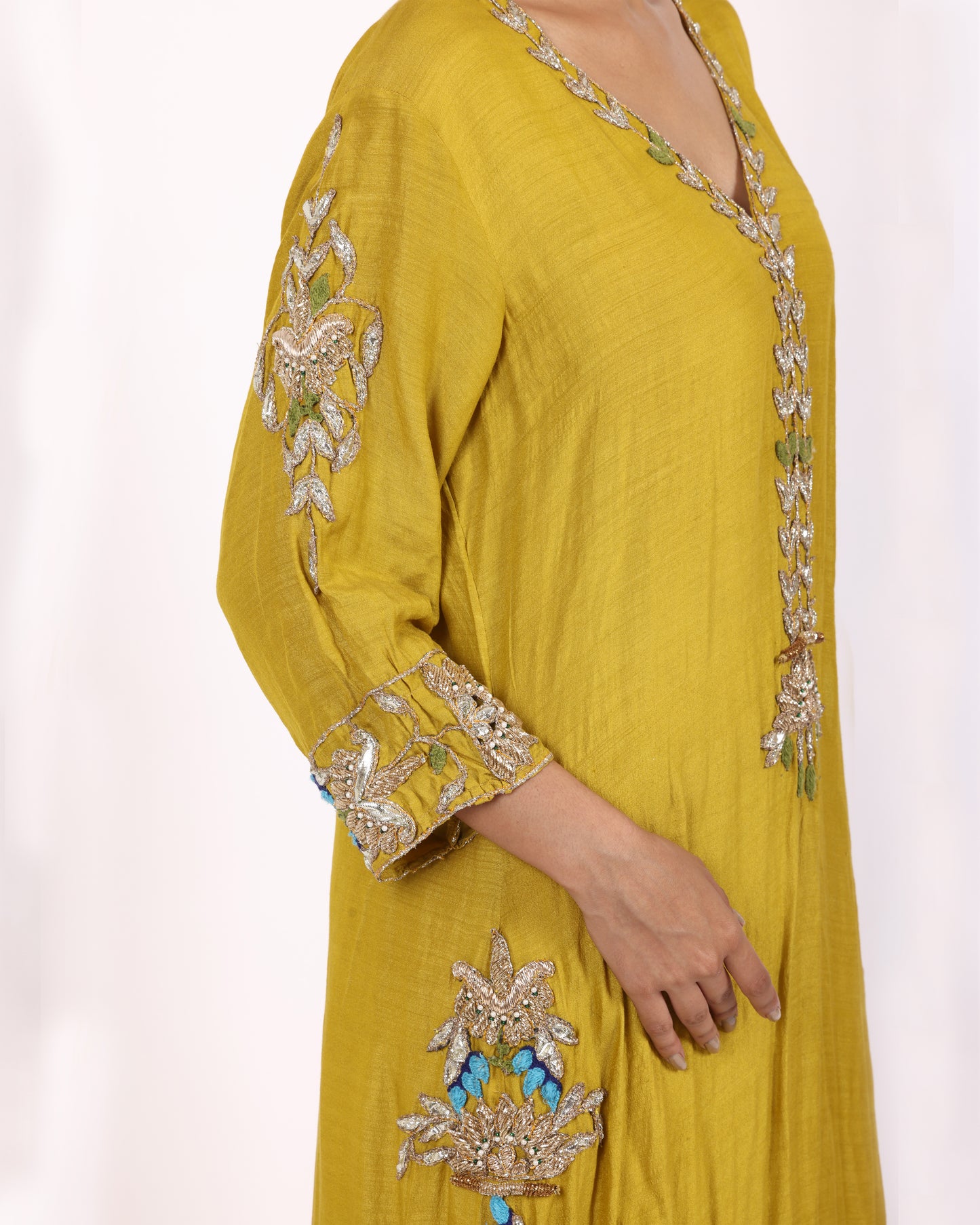 Greenish Yellow Silk Chiffon Suit