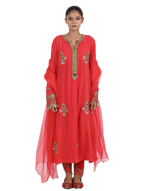 Bright Red Matka Silk Suit