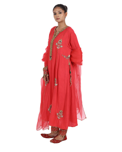Bright Red Matka Silk Suit