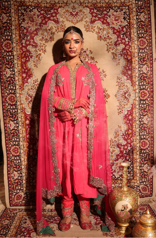 Royal Blush Silk Kurta with Gotta Embroidery & Emerald Green Accents