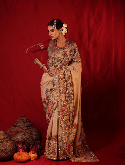 Hand-Embroidered Bridal Saree with Intricate Zardozi & Stone Work