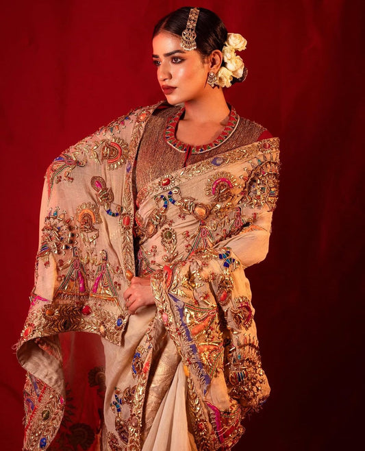 Hand-Embroidered Bridal Saree with Intricate Zardozi & Stone Work