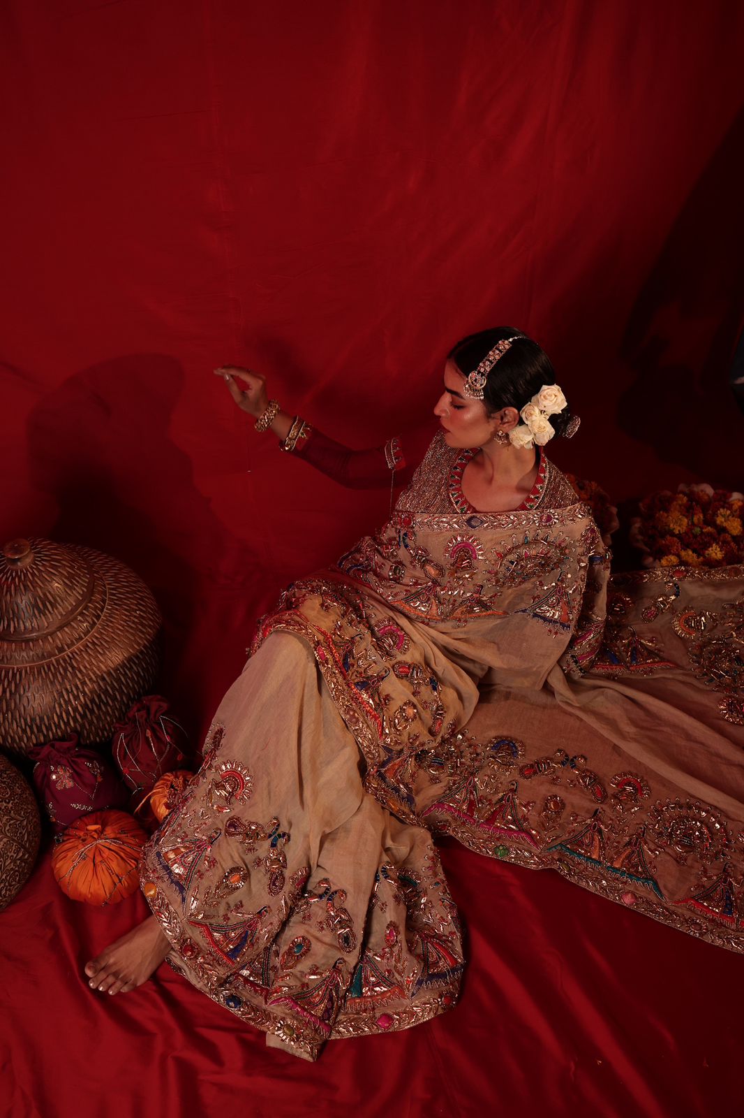 Hand-Embroidered Bridal Saree with Intricate Zardozi & Stone Work