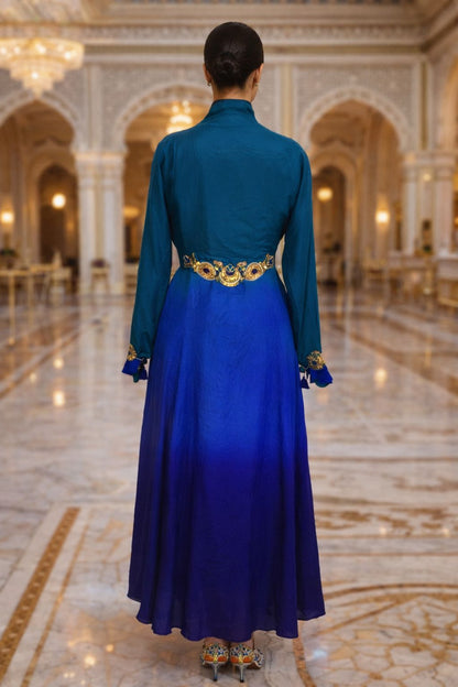 Shaded Silk Jacket Dress with Printed Slip & Pants