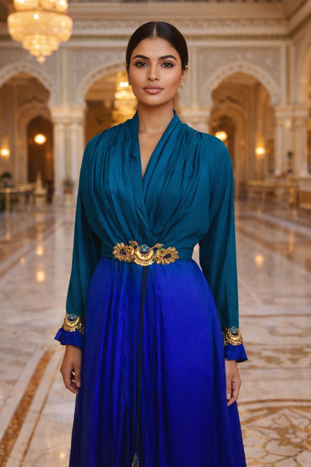 Shaded Silk Jacket Dress with Printed Slip & Pants