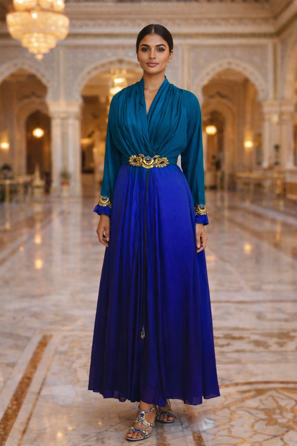 Shaded Silk Jacket Dress with Printed Slip & Pants